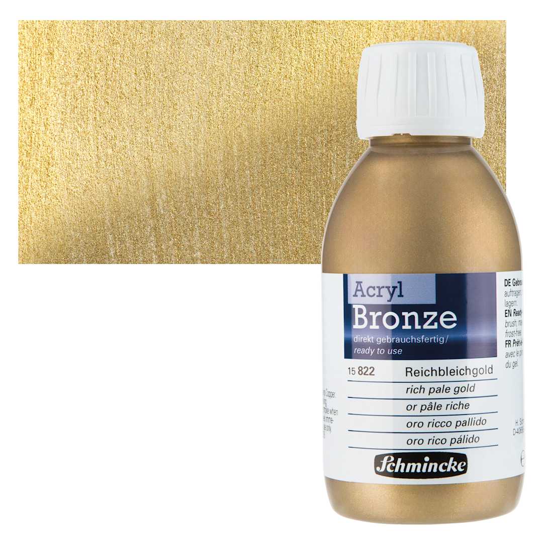 Open in modal - Schmincke Acrylic Bronze Paint - Rich Pale Gold, 150 ml bottle and swatch