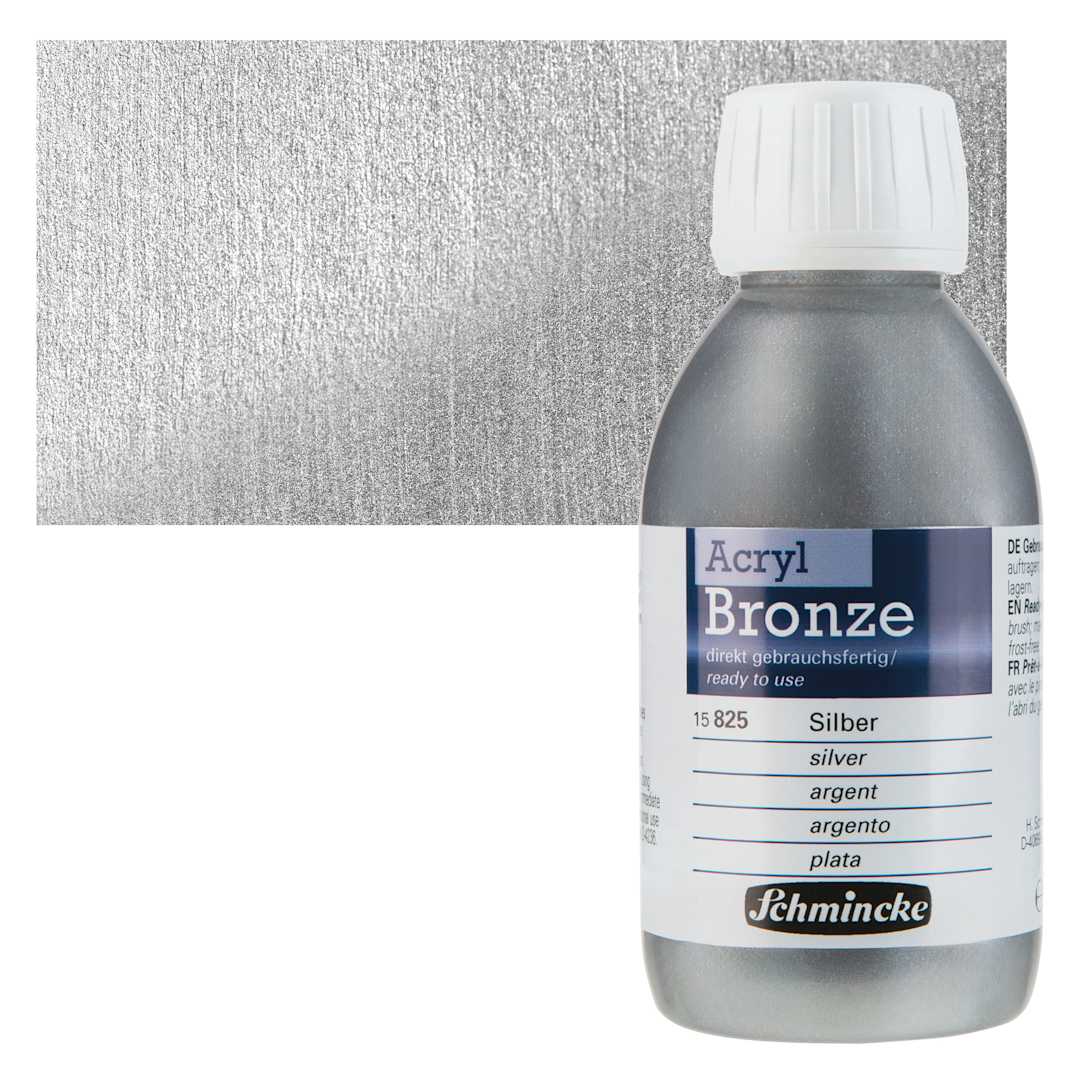 Open in modal - Schmincke Acrylic Bronze Paint - Silver, 150 ml bottle and swatch