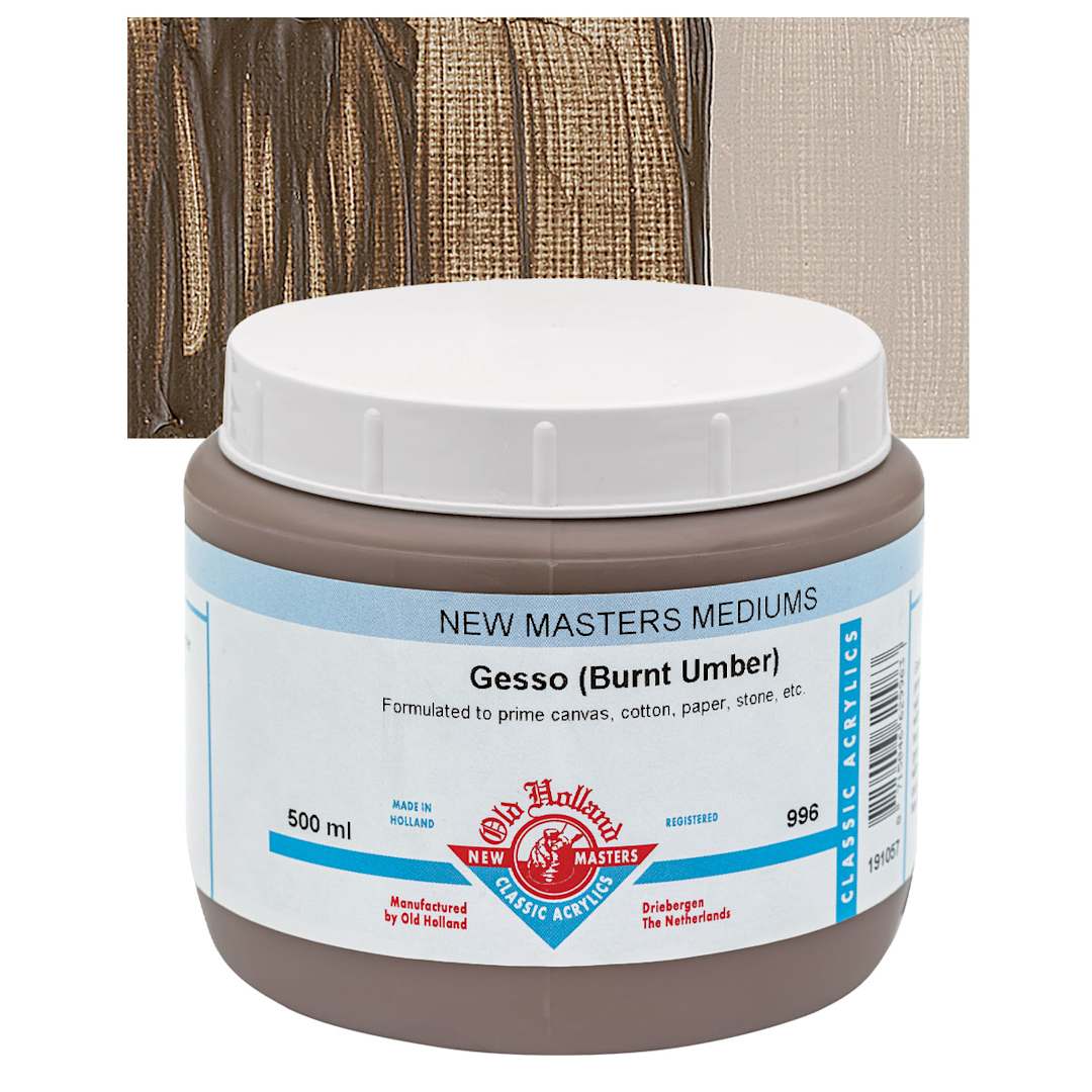 Open in modal - Old Holland New Masters Acrylic Gesso - Burnt Umber, 500 ml jar and swatch