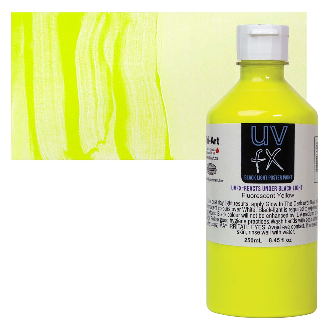 Open in modal - Tri-Art UVFX Black Light Poster Paint - Fluorescent Yellow, 250 ml bottle and swatch