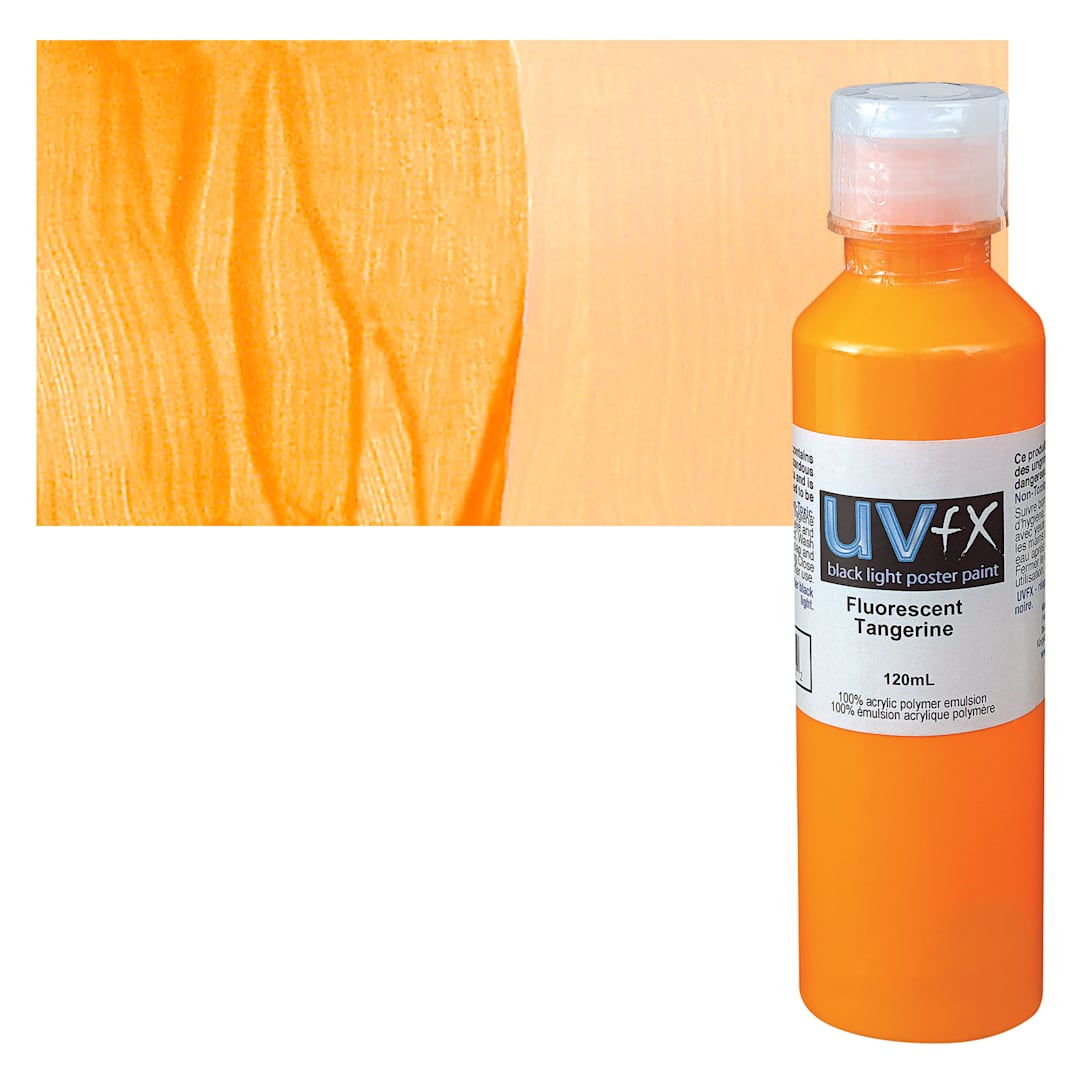 Open in modal - Tri-Art UVFX Black Light Poster Paint - Fluorescent Tangerine, 120 ml bottle and swatch