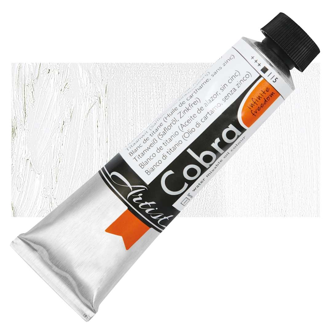 Open in modal - Cobra Artist Water Mixable Oil Paint - Titanium White, Safflower Oil, No Zinc Oxide 40 ml tube and swatch