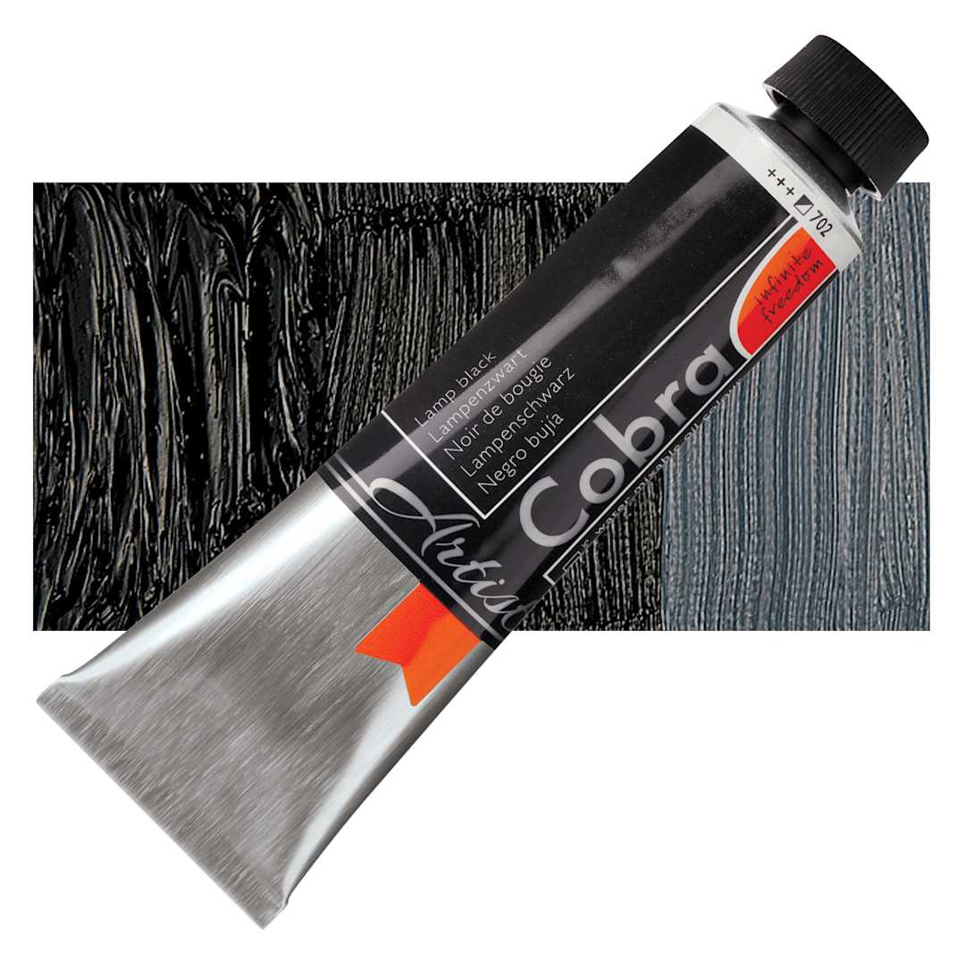Open in modal - Royal Talens Cobra Water Mixable Oil Paint - Lamp Black, 40 ml tube and swatch