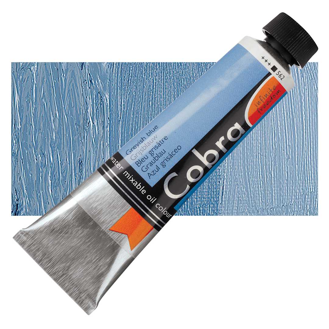 Open in modal - Royal Talens Cobra Water Mixable Oil Paint - Grayish Blue, 40 ml tube and swatch