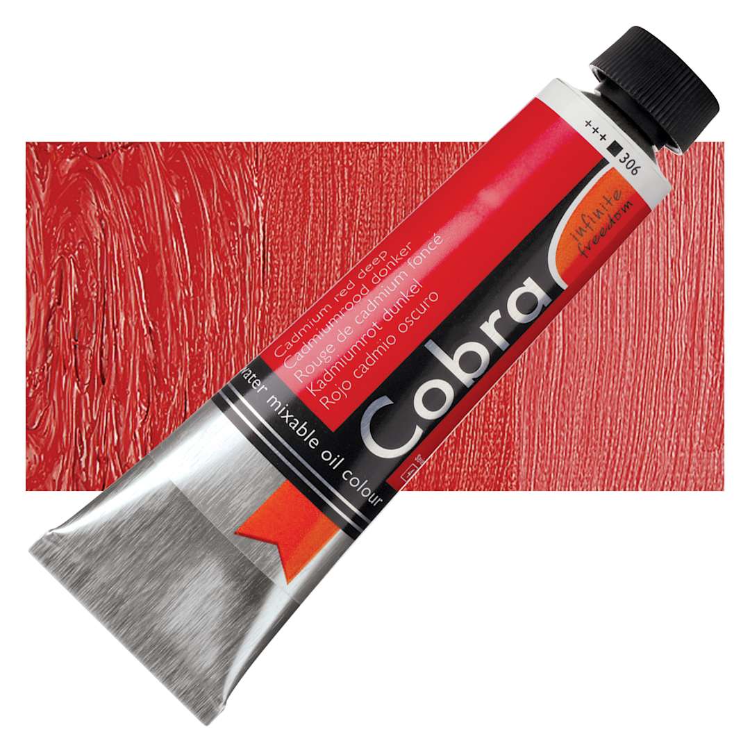 Open in modal - Royal Talens Cobra Water Mixable Oil Paint - Cadmium Red Deep, 40 ml tube and swatch