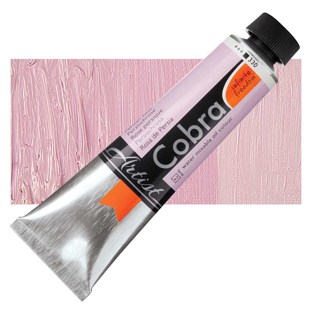 Open in modal - Royal Talens Cobra Water Mixable Oil Paint - Persian Rose, 40 ml tube and swatch