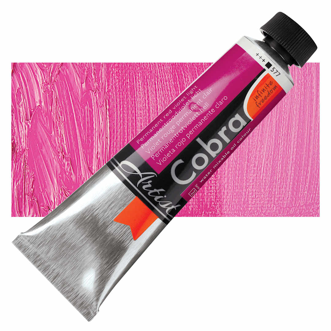 Open in modal - Royal Talens Cobra Water Mixable Oil Paint - Permanent Red Violet Light, 40 ml tube and swatch