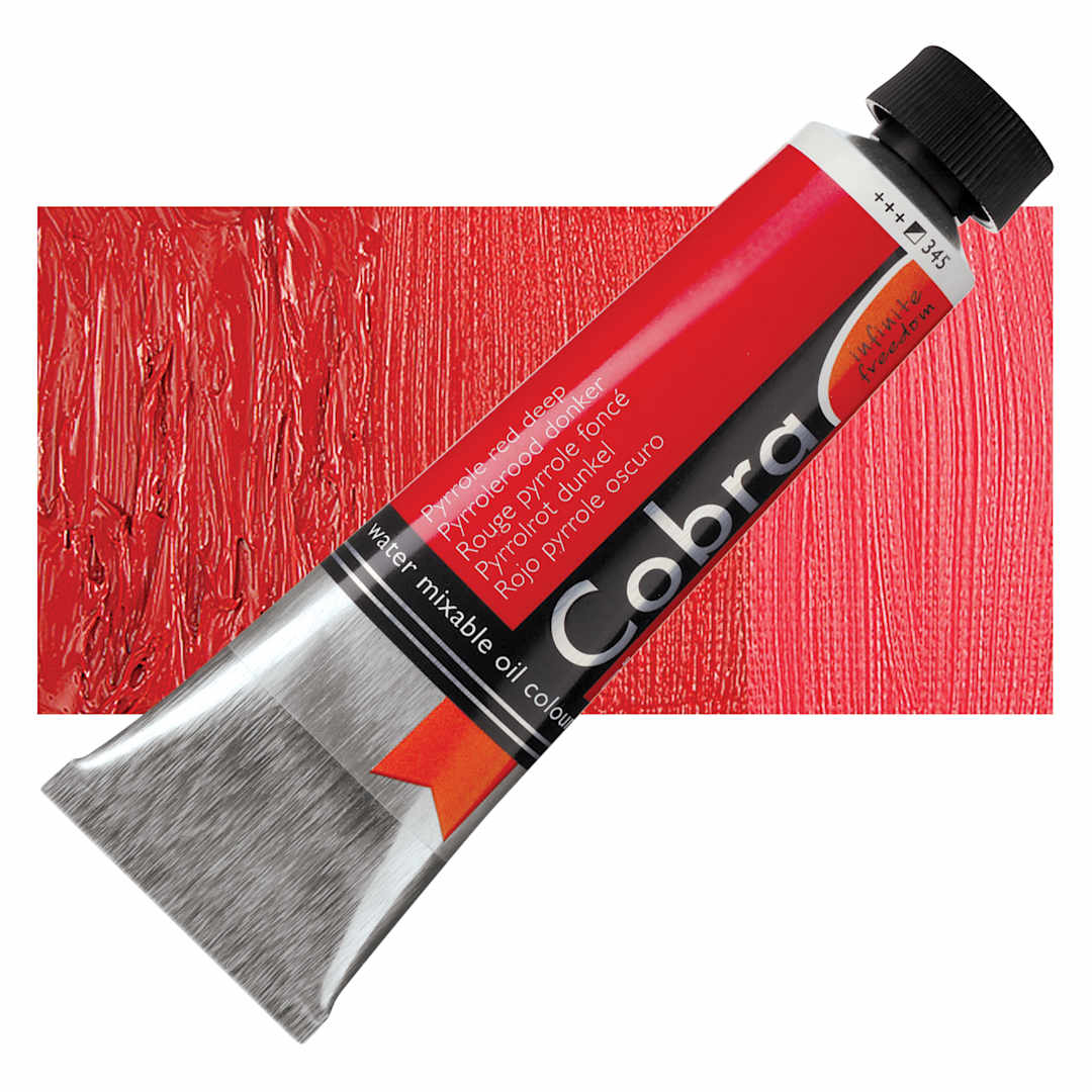 Open in modal - Royal Talens Cobra Water Mixable Oil Paint - Pyrrole Red Deep, 40 ml tube and swatch