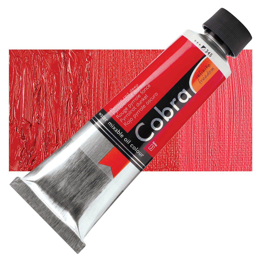 Open in modal - Royal Talens Cobra Water Mixable Oil Paint - Pyrrole Red Deep, 150 ml tube and swatch