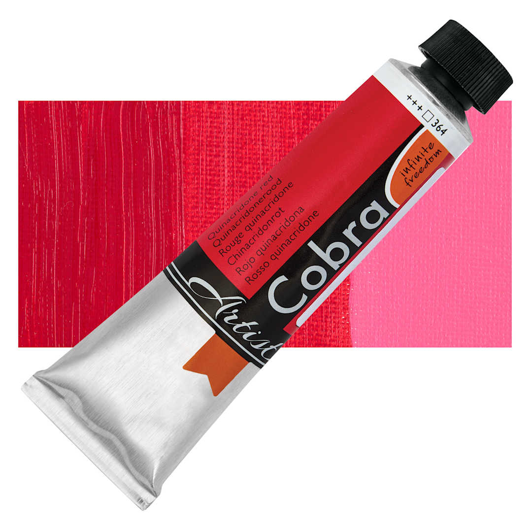 Open in modal - Cobra Artist Water Mixable Oil Paint - Quinacridone Red, 40 ml tube and swatch