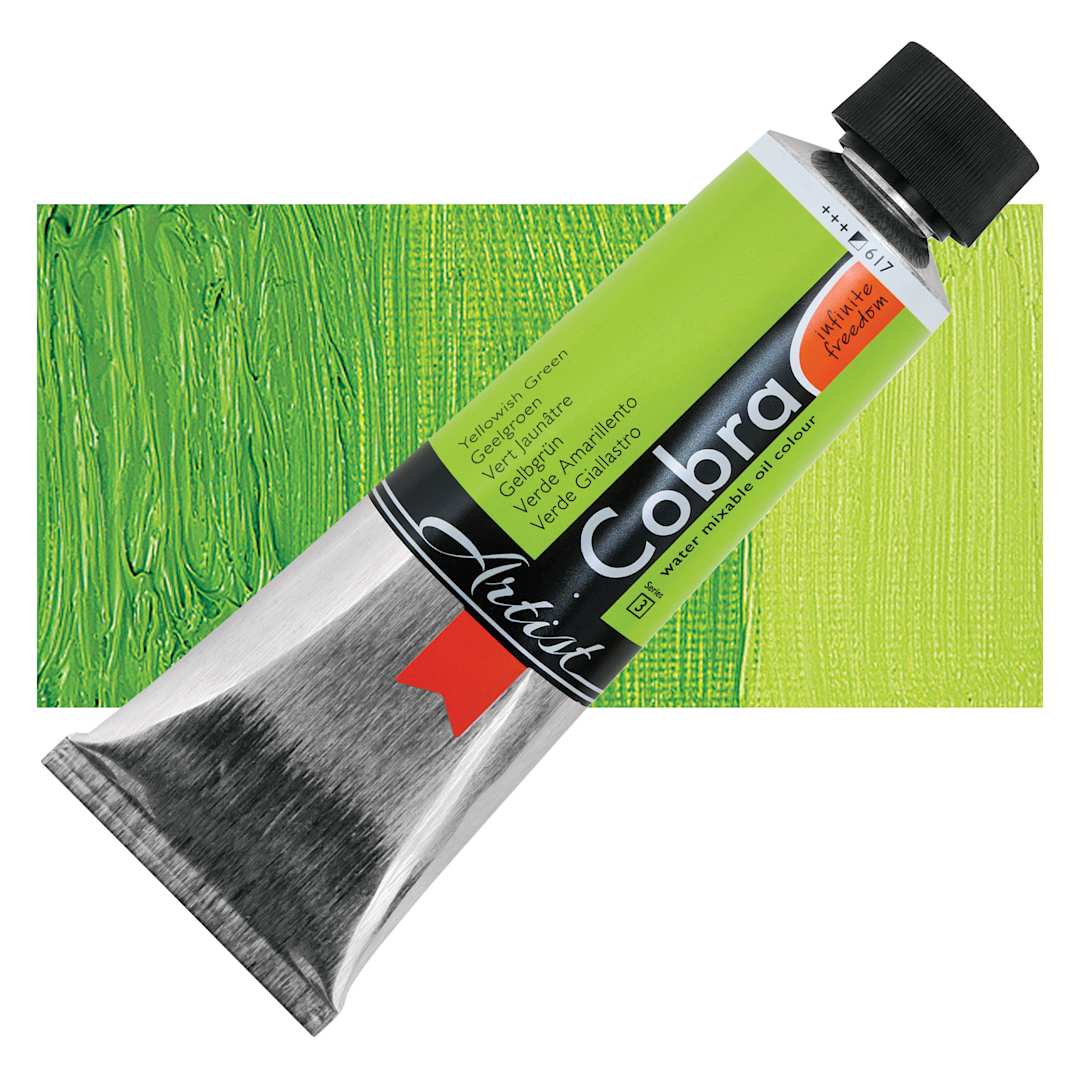 Open in modal - Cobra Artist Water Mixable Oil Paint - Yellowish Green, 150 ml tube and swatch