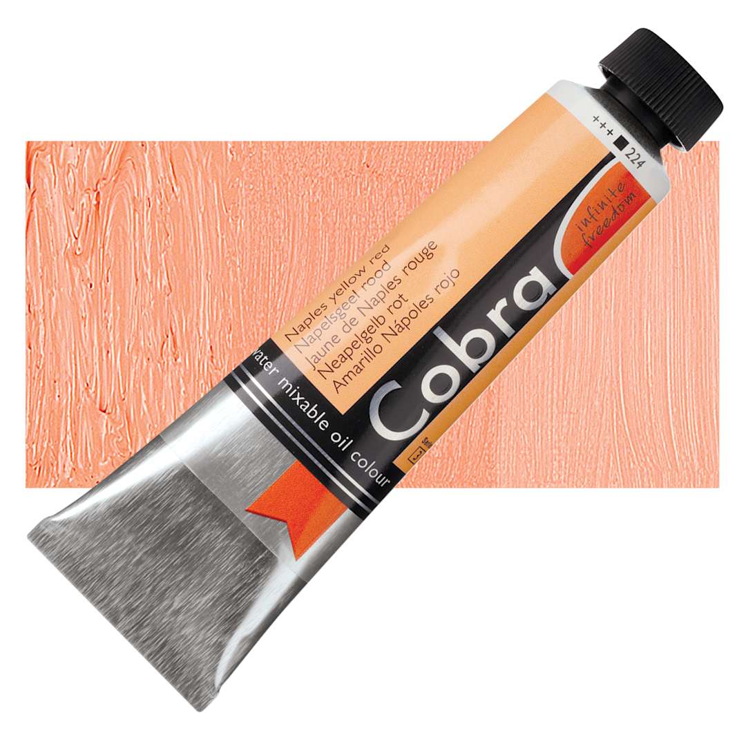Open in modal - Royal Talens Cobra Water Mixable Oil Paint - Naples Yellow Red, 40 ml tube and swatch