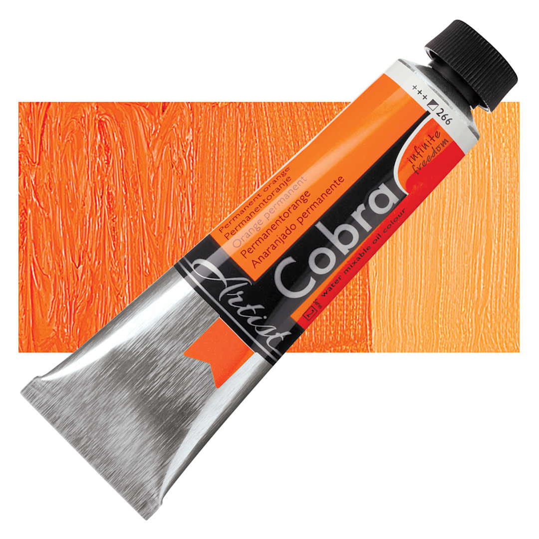 Open in modal - Royal Talens Cobra Water Mixable Oil Paint - Permanent Orange, 40 ml tube and swatch