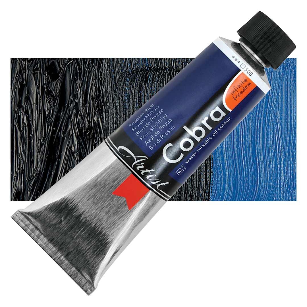 Open in modal - Cobra Artist Water Mixable Oil Paint - Prussian Blue, 150 ml tube and swatch