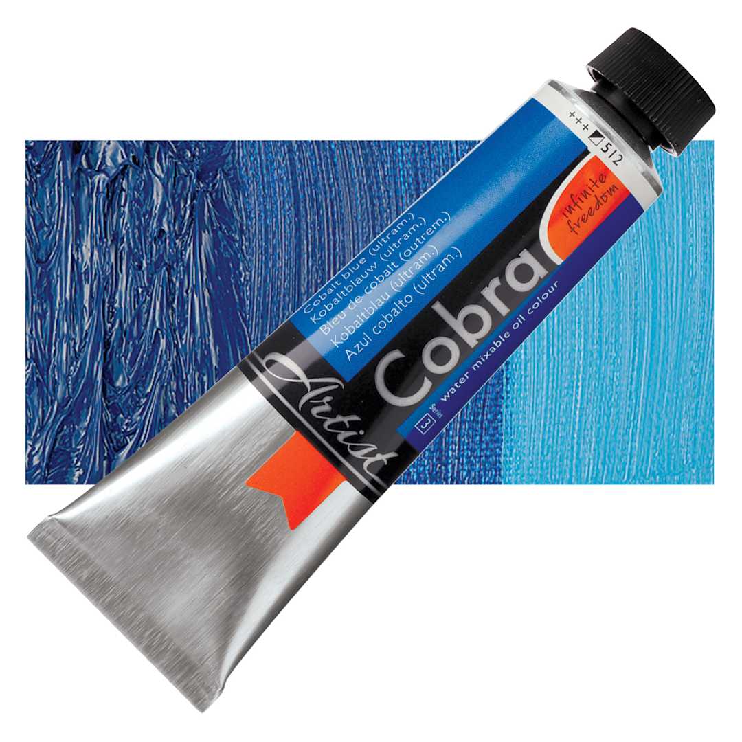 Open in modal - Royal Talens Cobra Water Mixable Oil Paint - Cobalt Blue Ultramarine, 40 ml tube and swatch