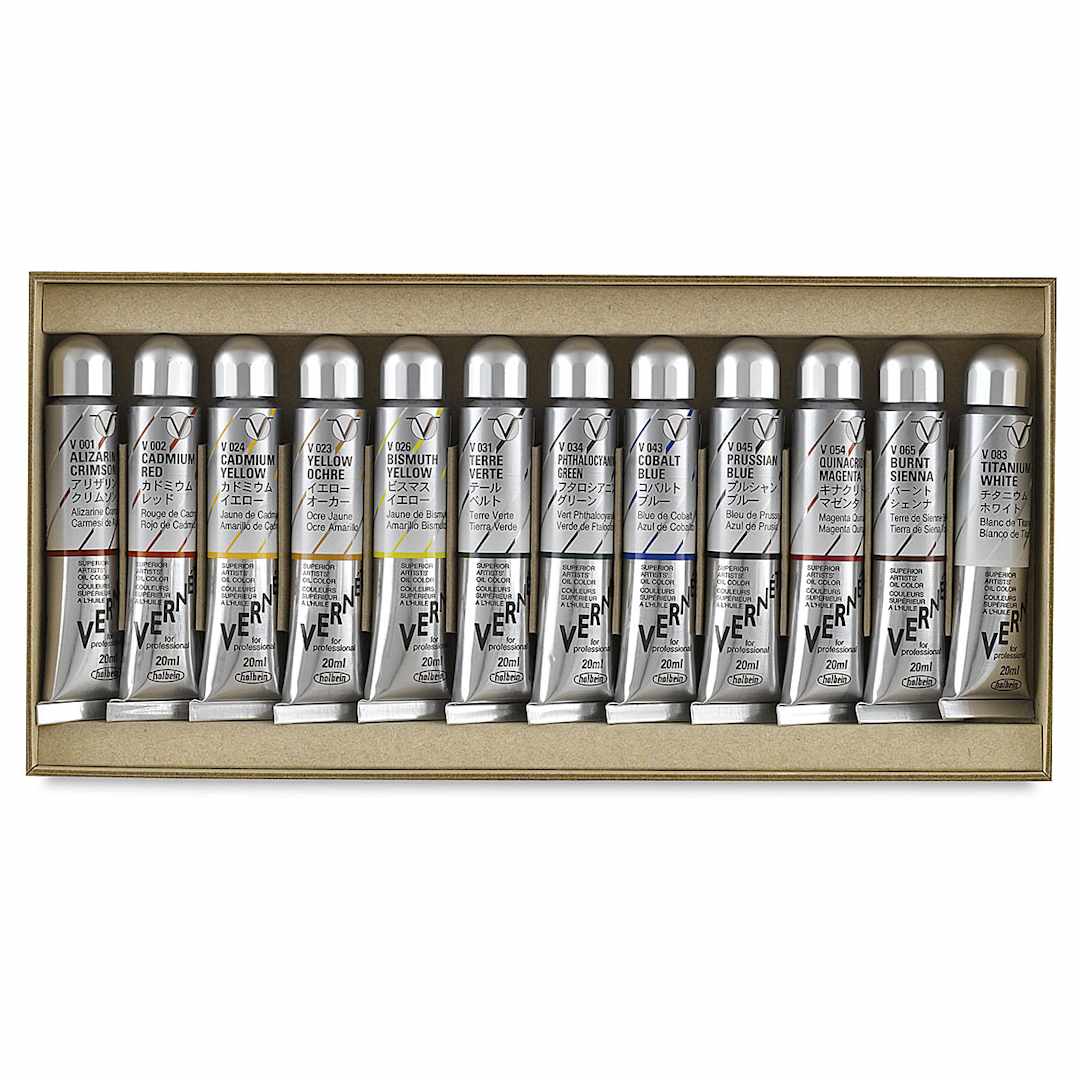 Open in modal - Holbein Vernét Superior Artists' Oil Paint Set - Set of 12 colors shown in open tray