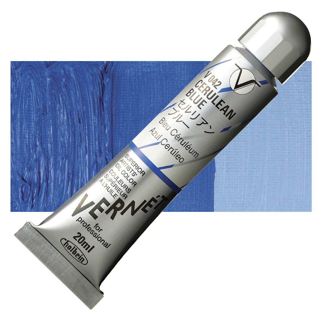 Open in modal - Holbein Vernét Superior Artists' Oil Paint - Cerulean Blue, 20 ml tube and swatch