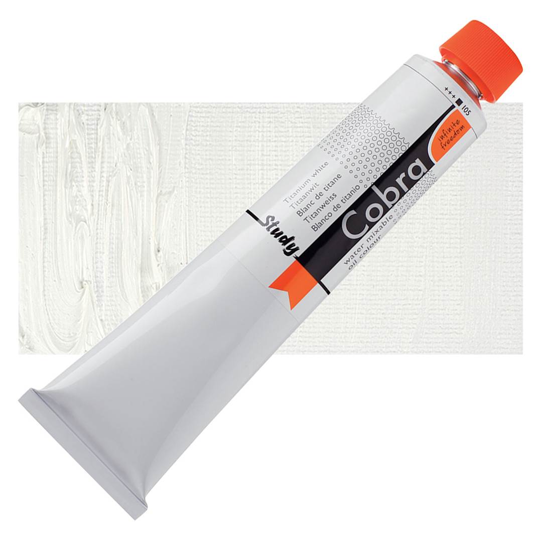 Open in modal - Royal Talens Cobra Study Water Mixable Oil Paint - Titanium White, 200 ml tube and swatch