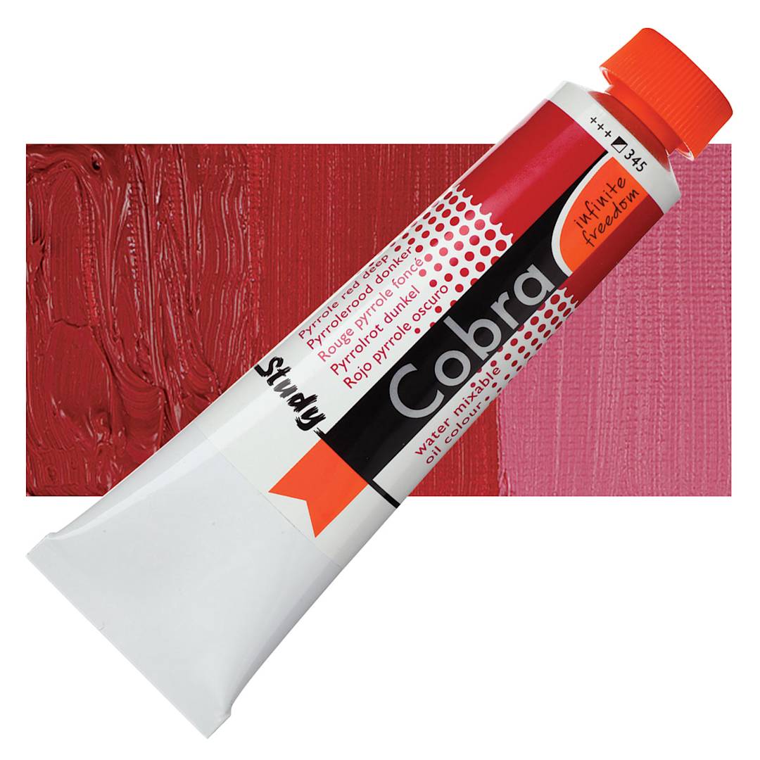 Open in modal - Royal Talens Cobra Study Water Mixable Oil Paint - Pyrrole Red Deep, 40 ml tube and swatch