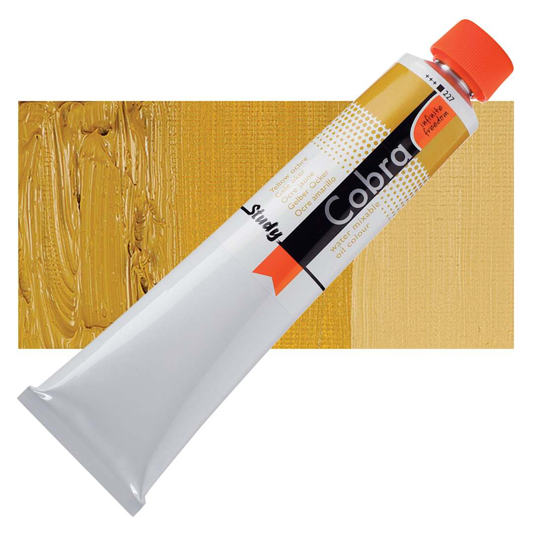 Open in modal - Royal Talens Cobra Study Water Mixable Oil Paint - Yellow Ochre, 200 ml tube and swatch