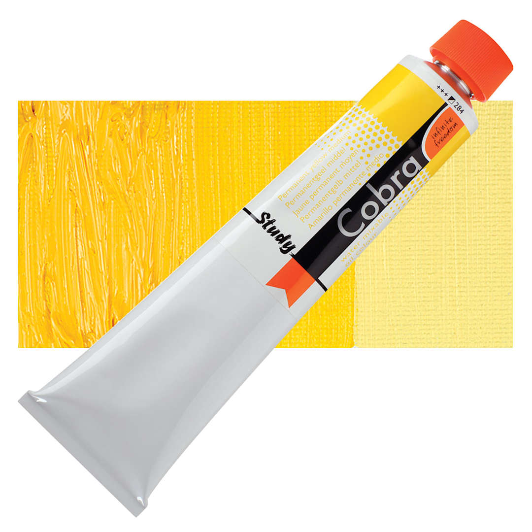 Open in modal - Royal Talens Cobra Study Water Mixable Oil Paint - Permanent Yellow Medium, 200 ml tube and swatch