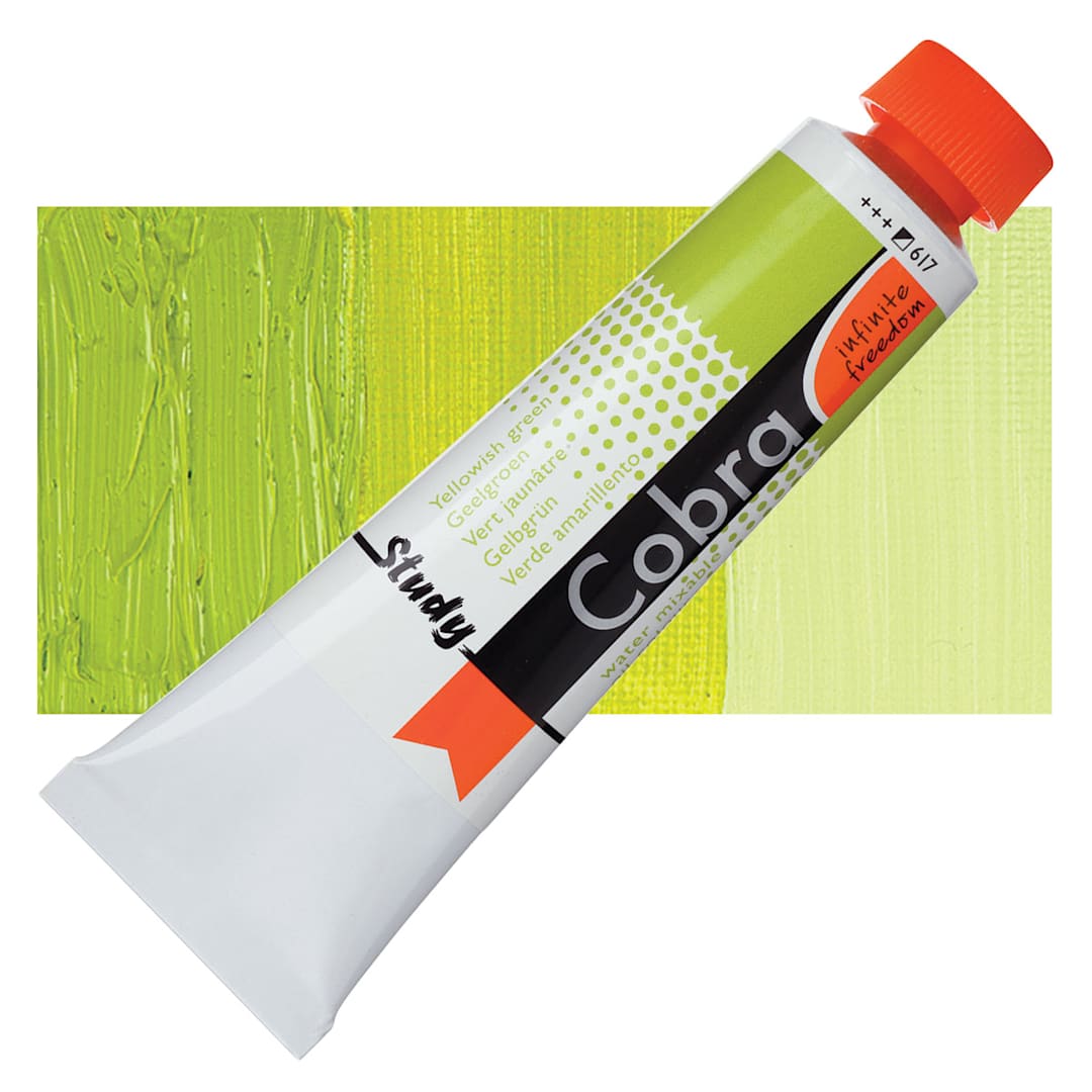 Open in modal - Royal Talens Cobra Study Water Mixable Oil Paint - Yellowish Green, 40 ml tube and swatch