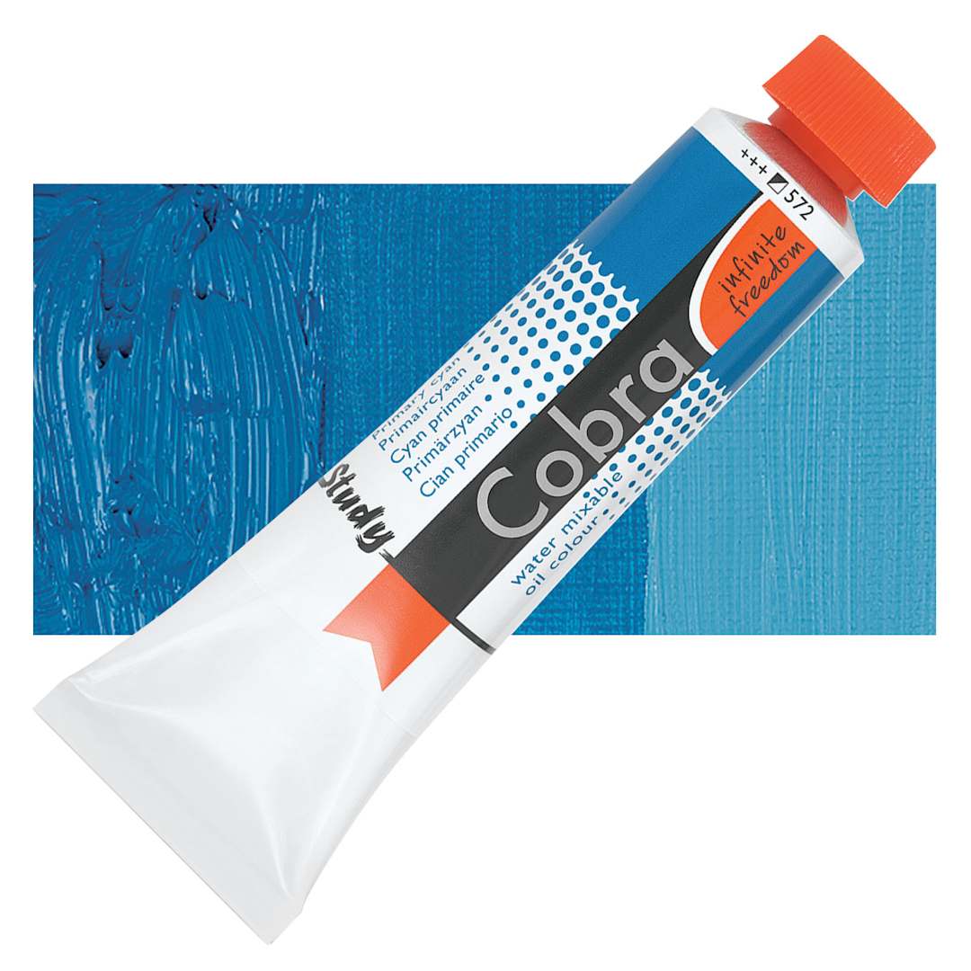 Open in modal - Royal Talens Cobra Study Water Mixable Oil Paint - Primary Cyan, 40 ml tube and swatch