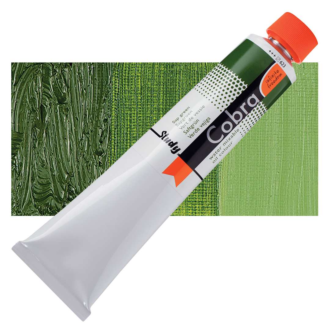 Open in modal - Royal Talens Cobra Study Water Mixable Oil Paint - Sap Green, 200 ml tube and swatch