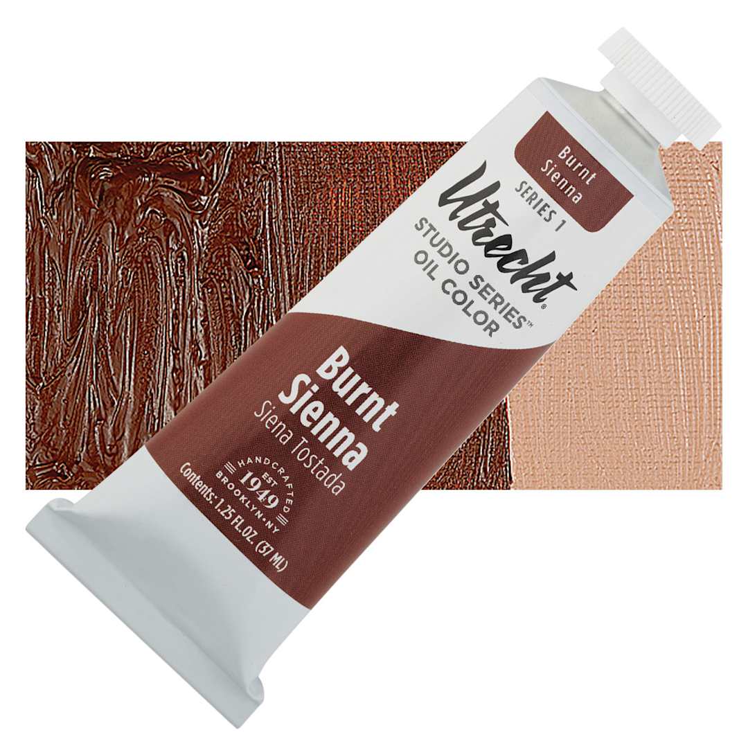 Open in modal - Utrecht Studio Series Oil Paint - Burnt Sienna, 37 ml, Tube and swatch