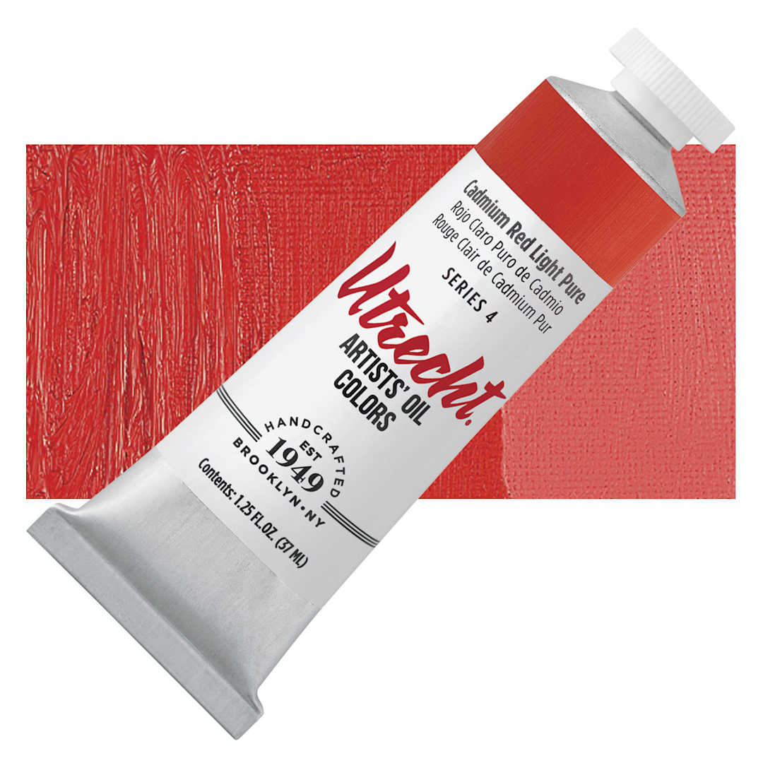 Open in modal - Utrecht Artists' Oil Paint - Cadmium Red Light, 37 ml tube and swatch