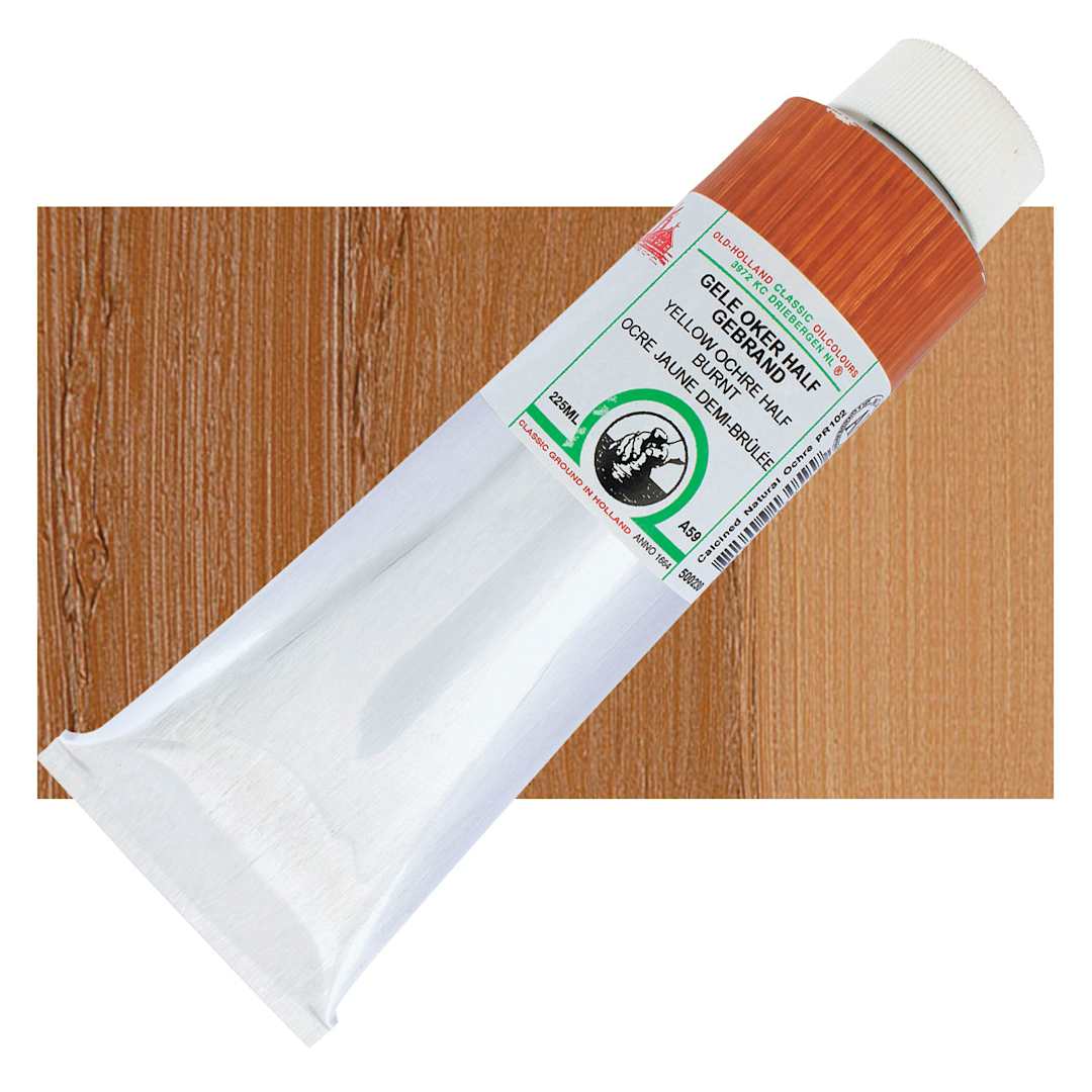 Open in modal - Old Holland Classic Oil Color - Yellow Ochre Half Burnt, 225 ml tube and swatch