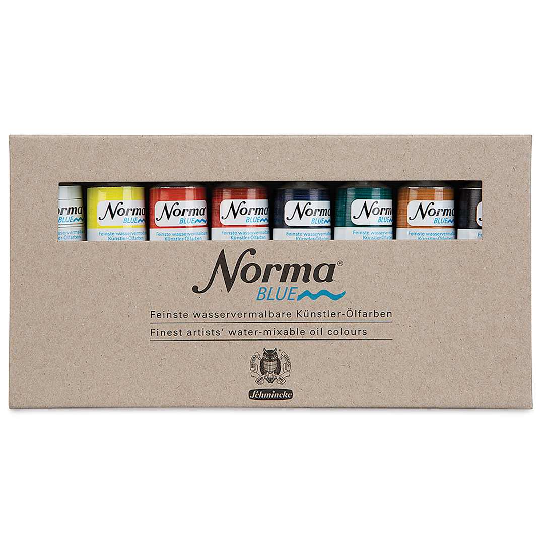 Open in modal - Schmincke Norma Blue Water-Mixable Oil Paint - Set of 8, front of the packaging