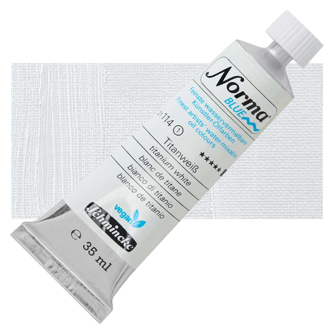 Open in modal - Schmincke Norma Blue Water-Mixable Oil Paint - Titanium White, 35 ml tube and swatch