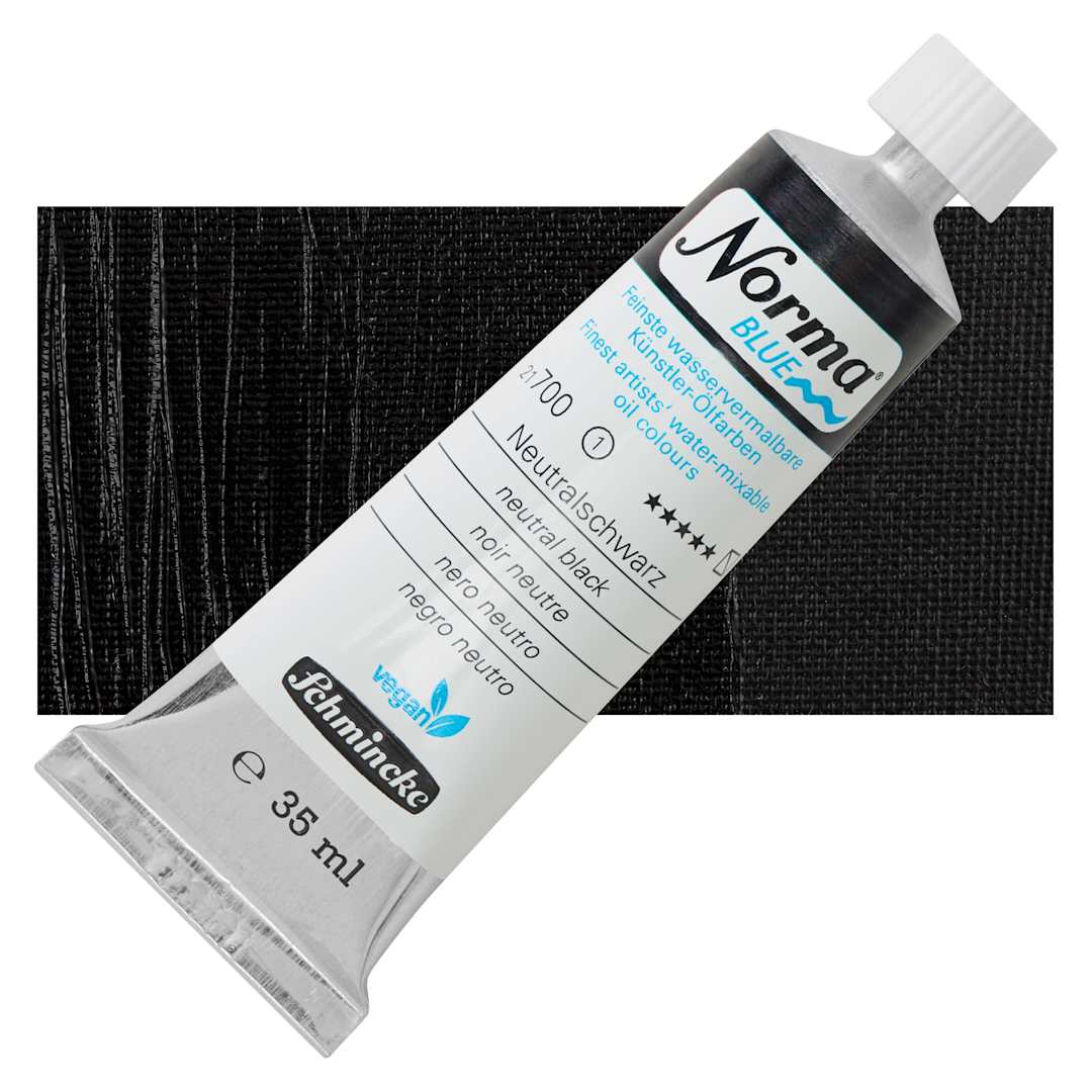 Open in modal - Schmincke Norma Blue Water-Mixable Oil Paint - Neutral Black, 35 ml, tube and swatch
