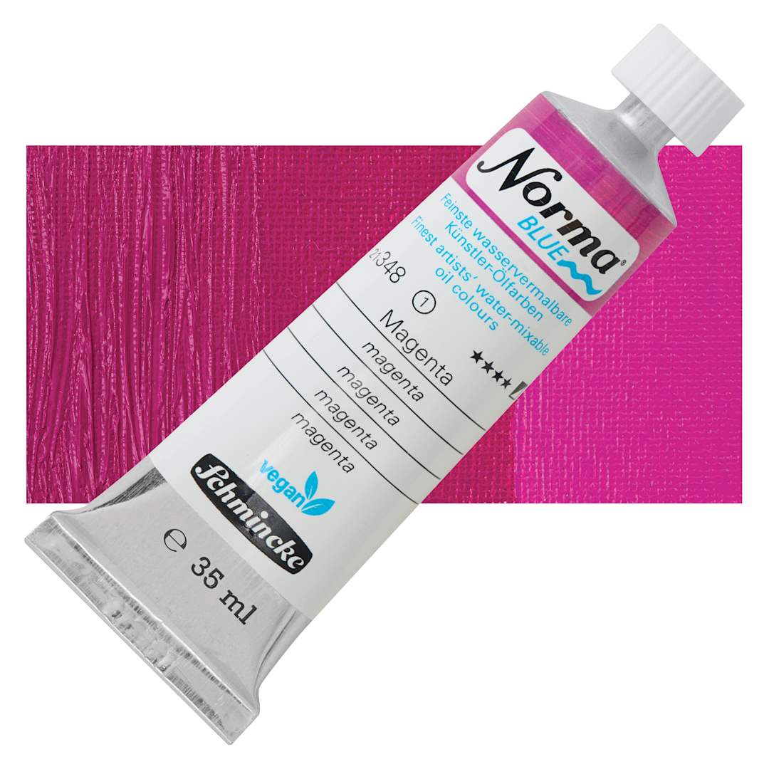 Open in modal - Schmincke Norma Blue Water-Mixable Oil Paint - Magenta, 35 ml tube and swatch