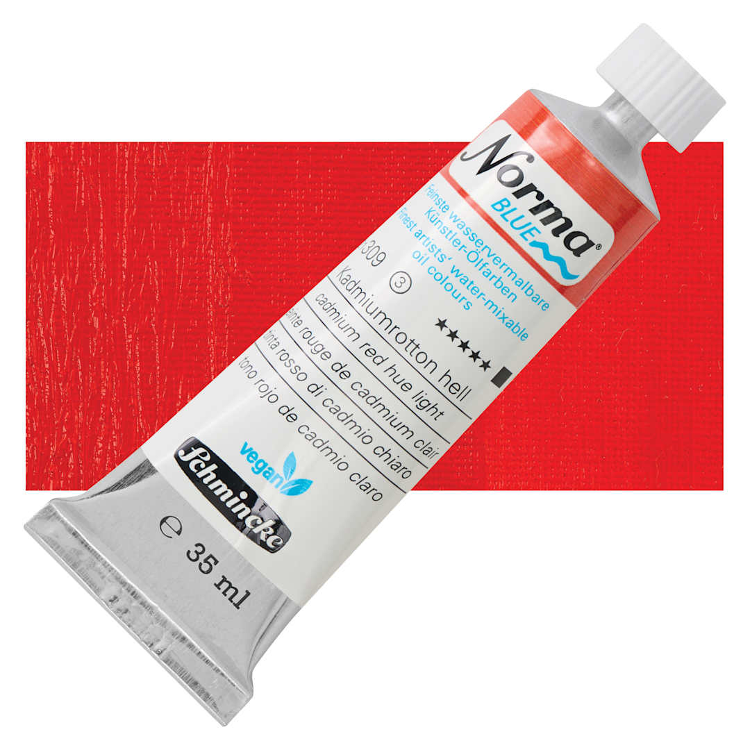 Open in modal - Schmincke Norma Blue Water-Mixable Oil Paint - Cadmium Red Hue Light, 35 ml, tube and swatch