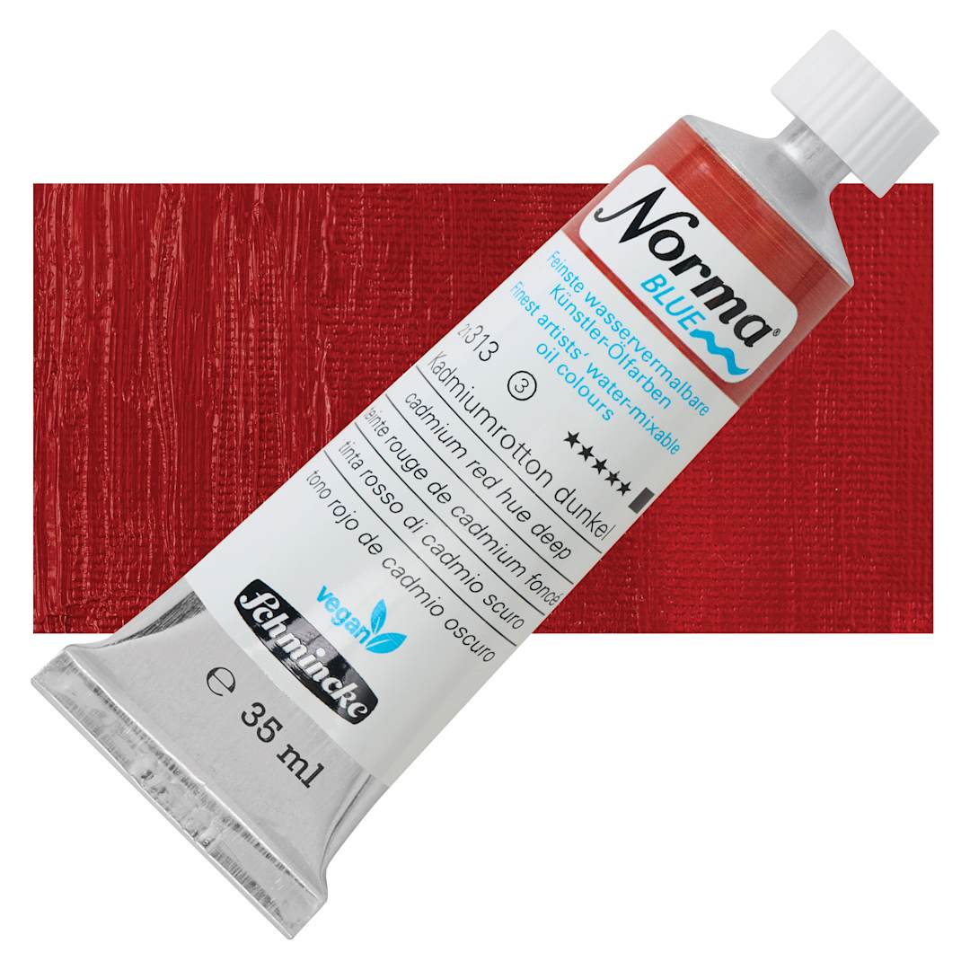 Open in modal - Schmincke Norma Blue Water-Mixable Oil Paint - Cadmium Red Hue Deep, 35 ml, tube and swatch
