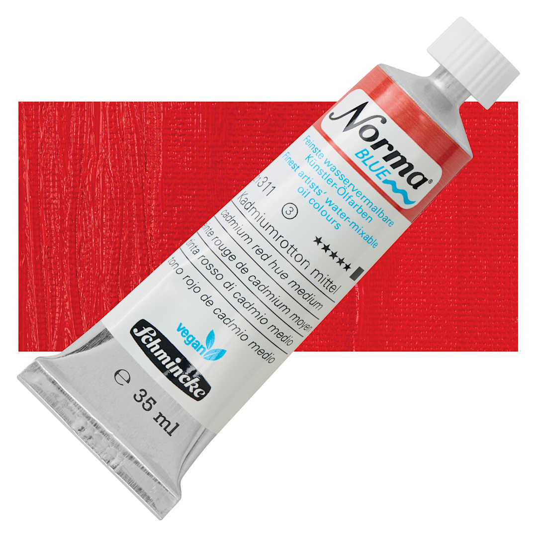 Open in modal - Schmincke Norma Blue Water-Mixable Oil Paint - Cadmium Red Hue Medium, 35 ml, tube and swatch