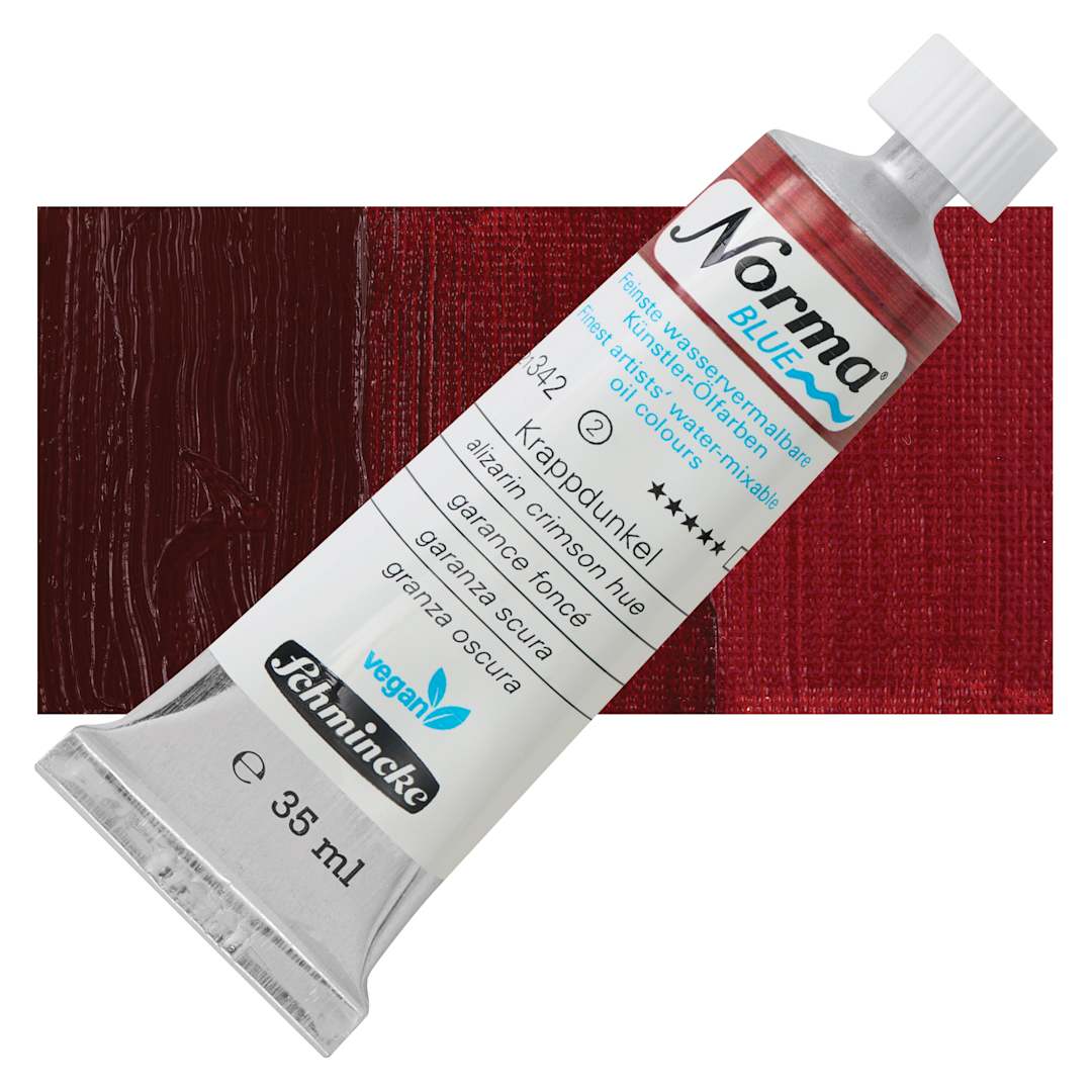 Open in modal - Schmincke Norma Blue Water-Mixable Oil Paint - Alizarin Crimson Hue, 35 ml tube and swatch
