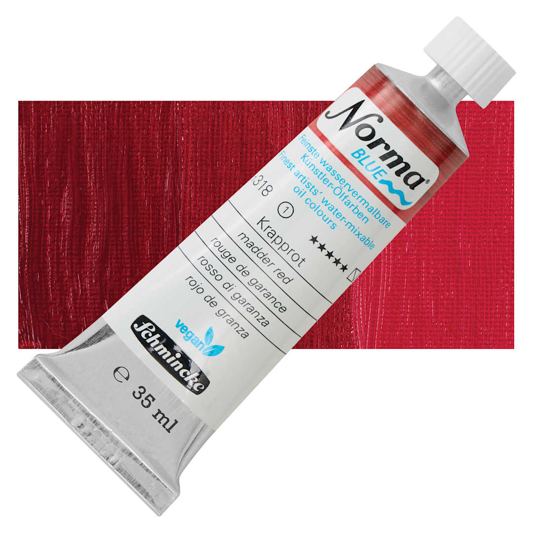 Open in modal - Schmincke Norma Blue Water-Mixable Oil Paint - Madder Red, 35 ml tube and swatch