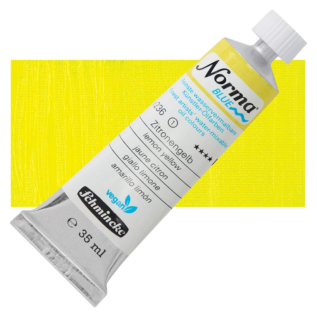 Open in modal - Schmincke Norma Blue Water-Mixable Oil Paint - Lemon Yellow, 35 ml tube and swatch
