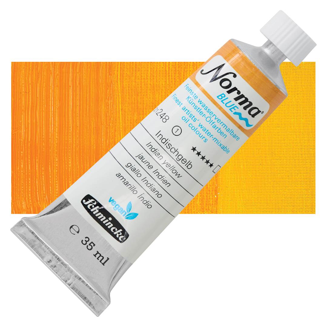 Open in modal - Schmincke Norma Blue Water-Mixable Oil Paint - Indian Yellow, 35 ml tube and swatch