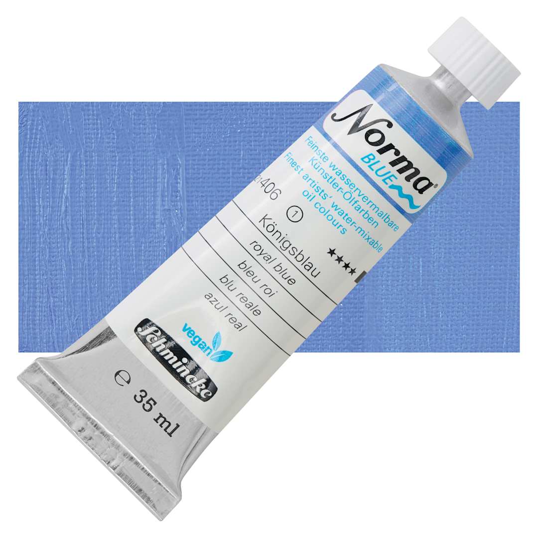 Open in modal - Schmincke Norma Blue Water-Mixable Oil Paint - Royal Blue, 35 ml tube and swatch