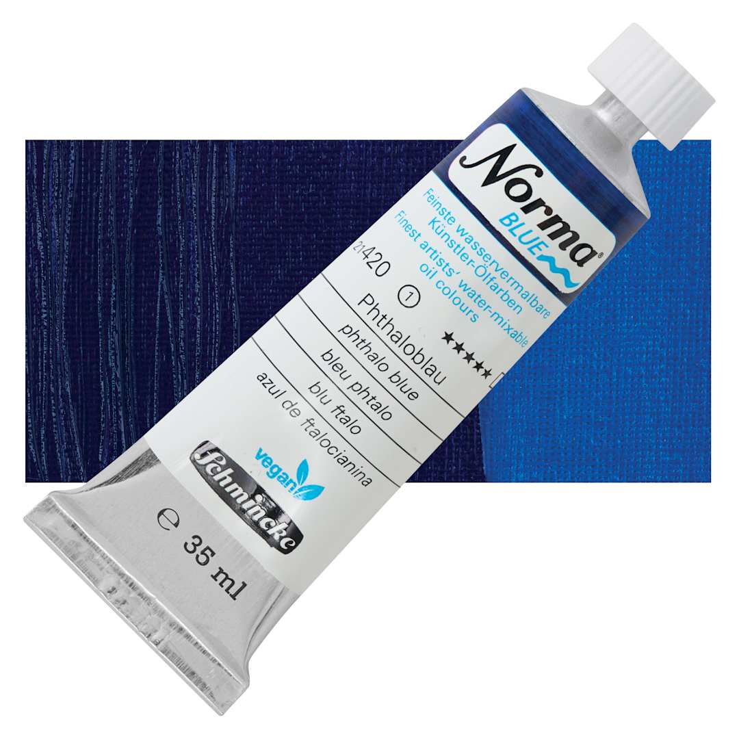 Open in modal - Schmincke Norma Blue Water-Mixable Oil Paint - Phthalo Blue, 35 ml tube and swatch