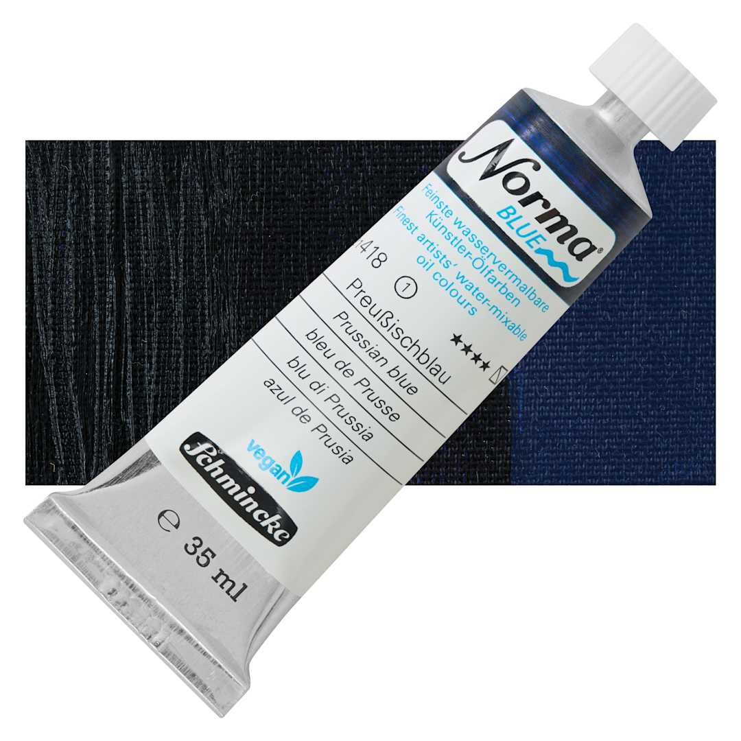 Open in modal - Schmincke Norma Blue Water-Mixable Oil Paint - Prussian Blue, 35 ml tube and swatch