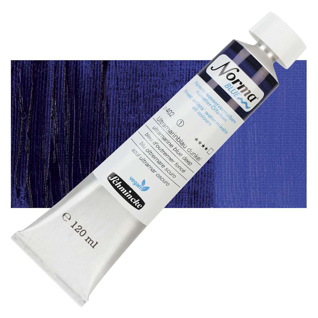 Open in modal - Schmincke Norma Blue Water-Mixable Oil Paint - Ultramarine Blue Deep, 120 ml tube and swatch