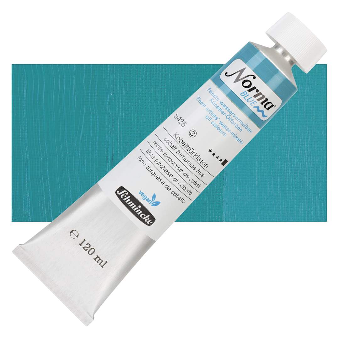 Open in modal - Schmincke Norma Blue Water-Mixable Oil Paint - Cobalt Turquoise Hue, 120 ml tube and swatch