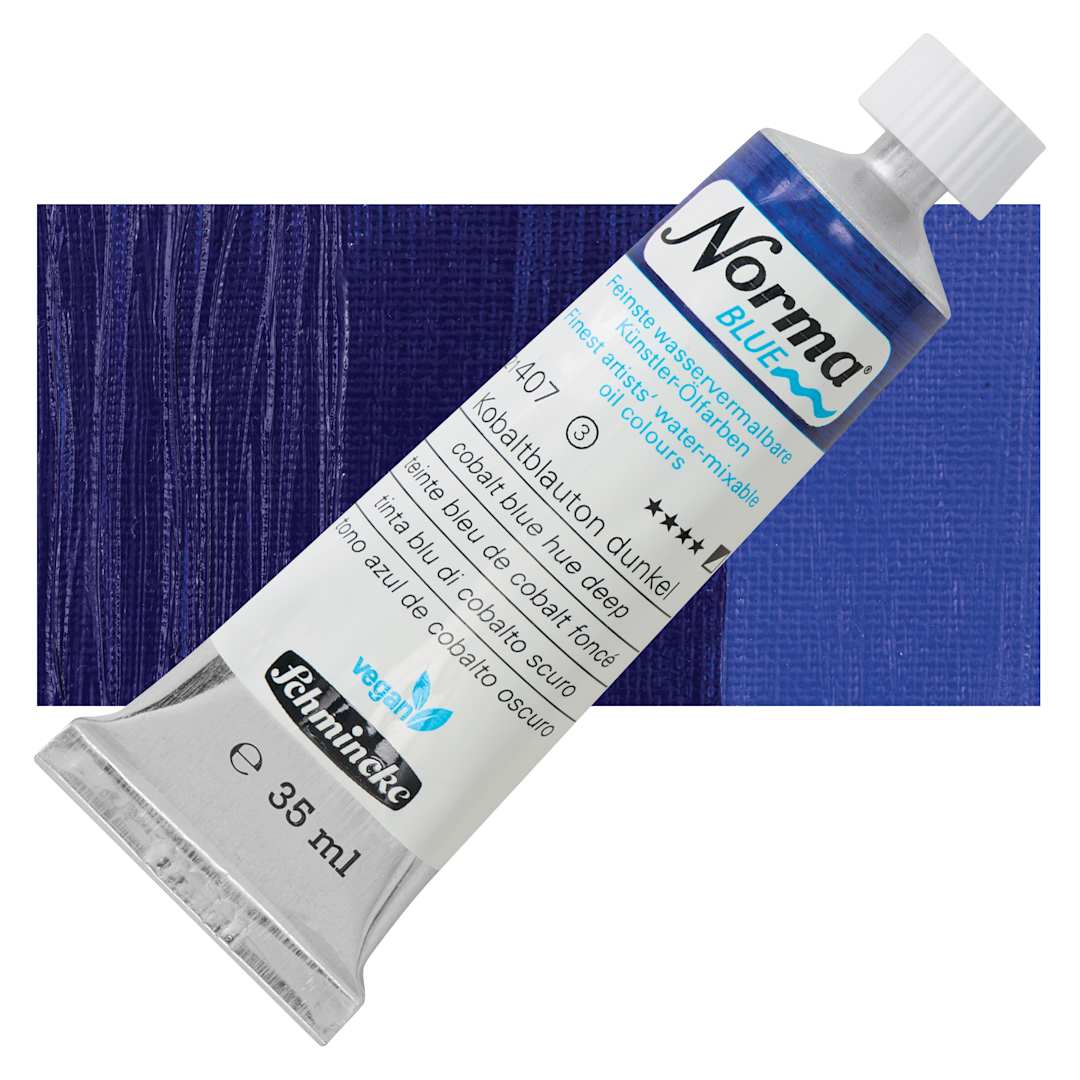 Open in modal - Schmincke Norma Blue Water-Mixable Oil Paint - Cobalt Blue Hue Deep, 35 ml, tube and swatch