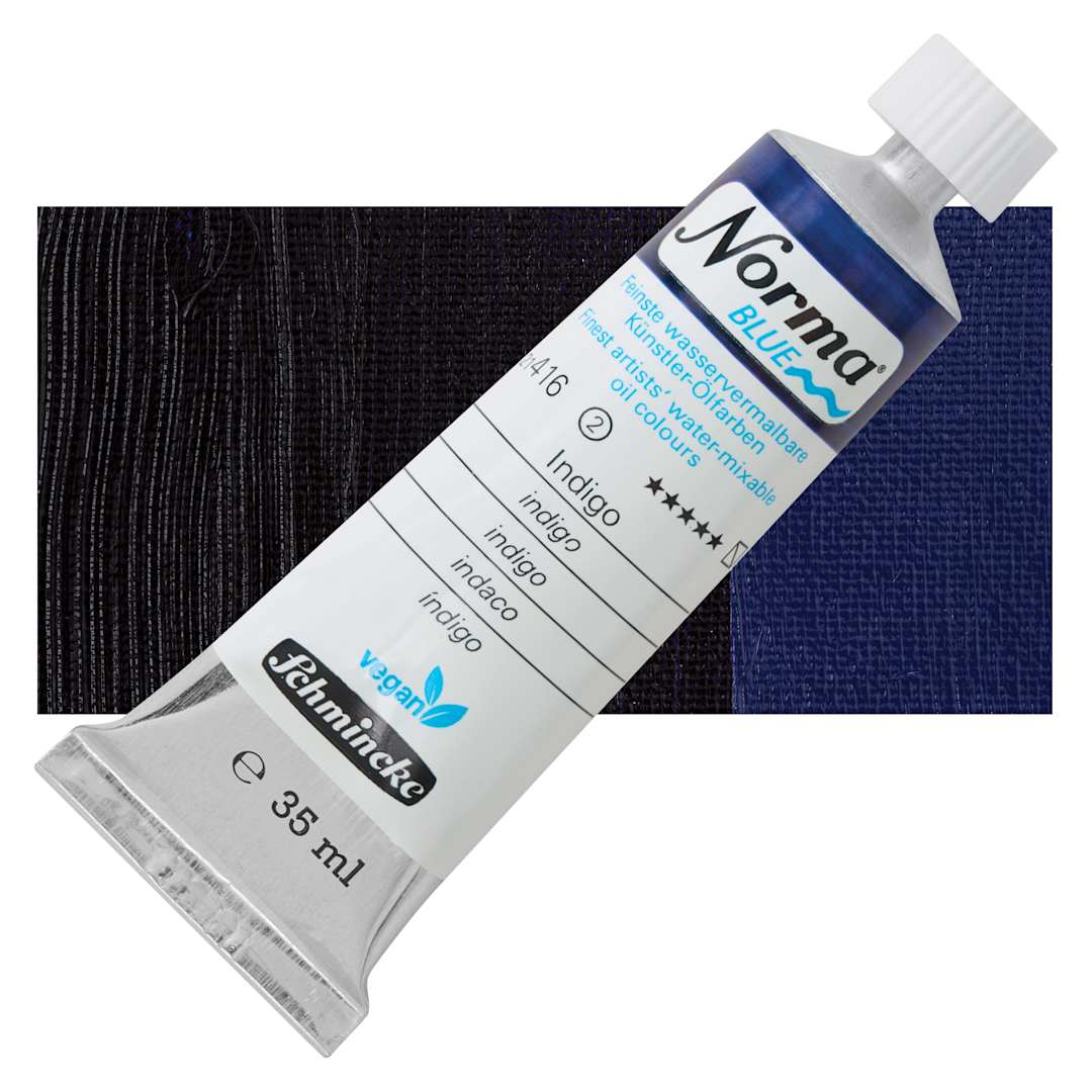 Open in modal - Schmincke Norma Blue Water-Mixable Oil Paint - Indigo, 35 ml tube and swatch