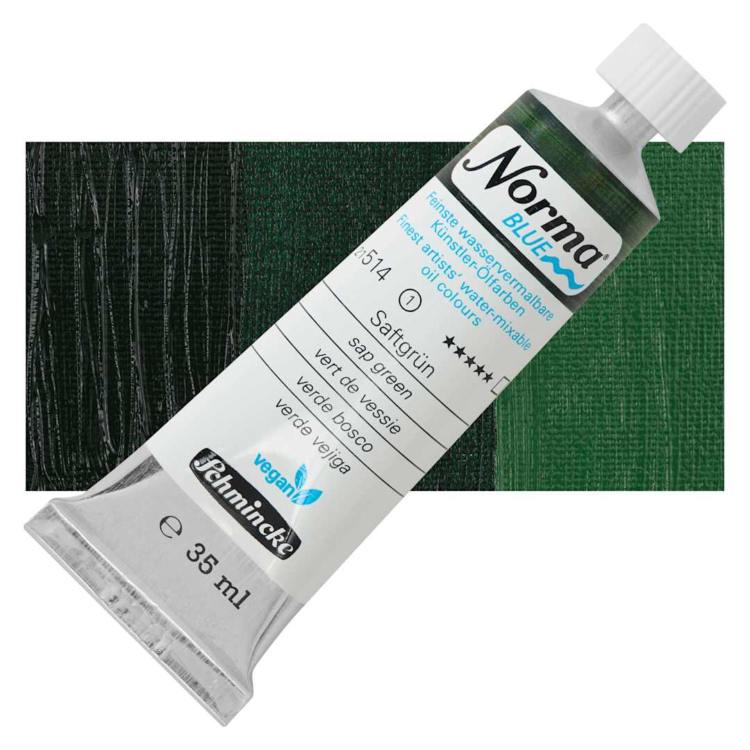 Open in modal - Schmincke Norma Blue Water-Mixable Oil Paint - Sap Green, 35 ml tube and swatch